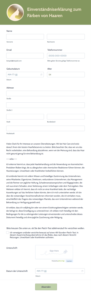 Einverständniserklärung Zum Färben Von Haaren