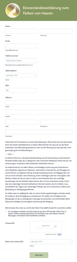 Einverständniserklärung Zum Färben Von Haaren