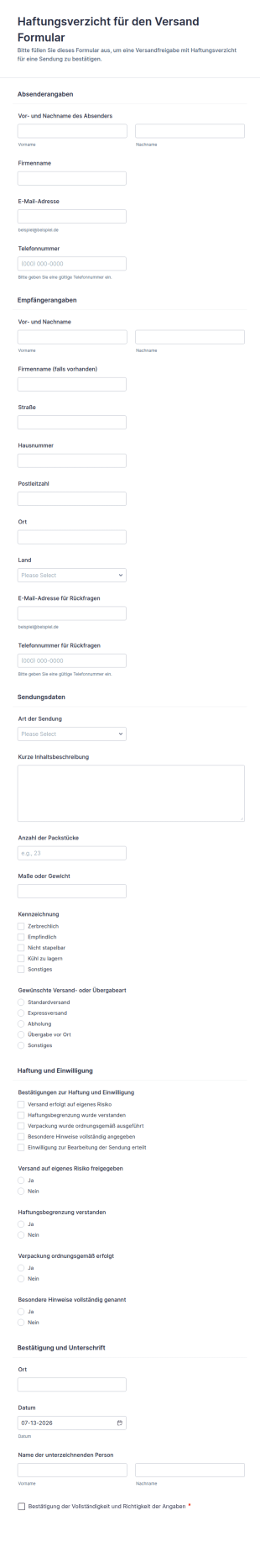 Einverständniserklärung Zur Haftungsfreistellung Beim Versand Waiver