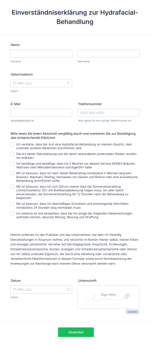 Einverständniserklärung Zur Hydrafacial Behandlung Form Template