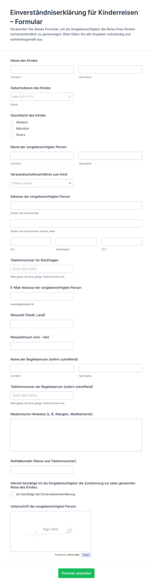 Einverständniserklärung Zur Kinderreise