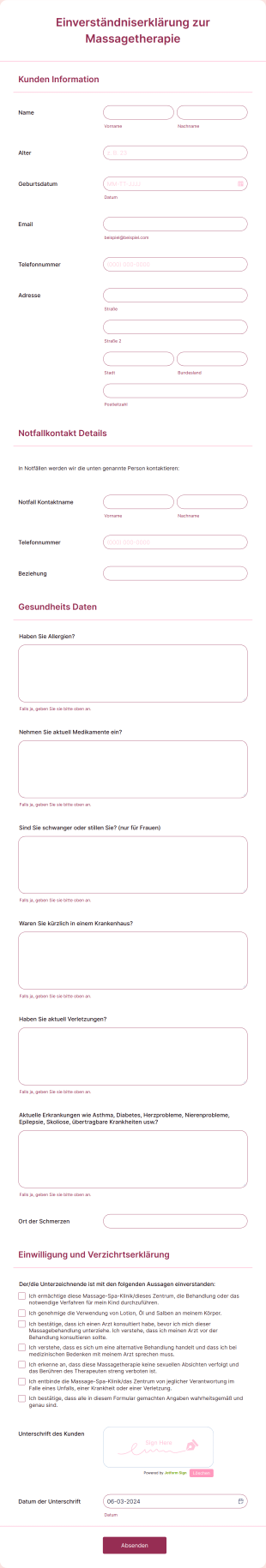 Einverständniserklärung Zur Massagetherapie Form Template