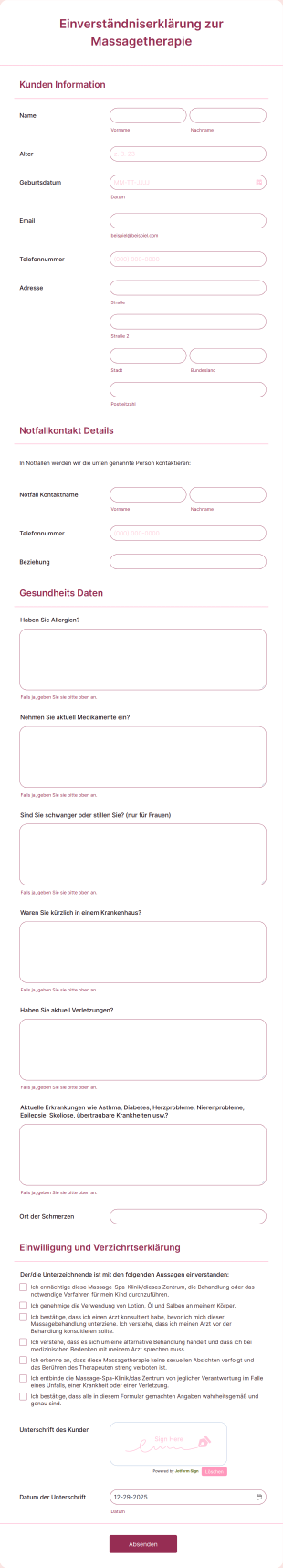 Einverständniserklärung Zur Massagetherapie Form Template