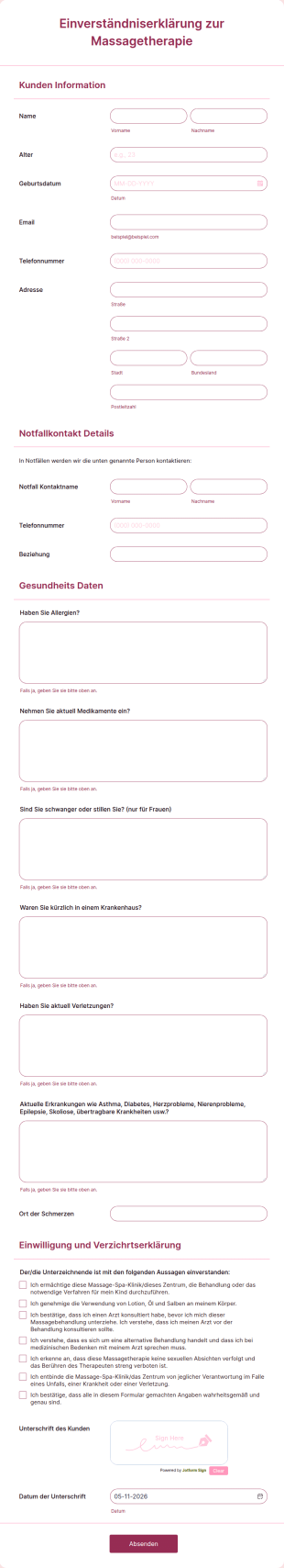 Einverständniserklärung Zur Massagetherapie
