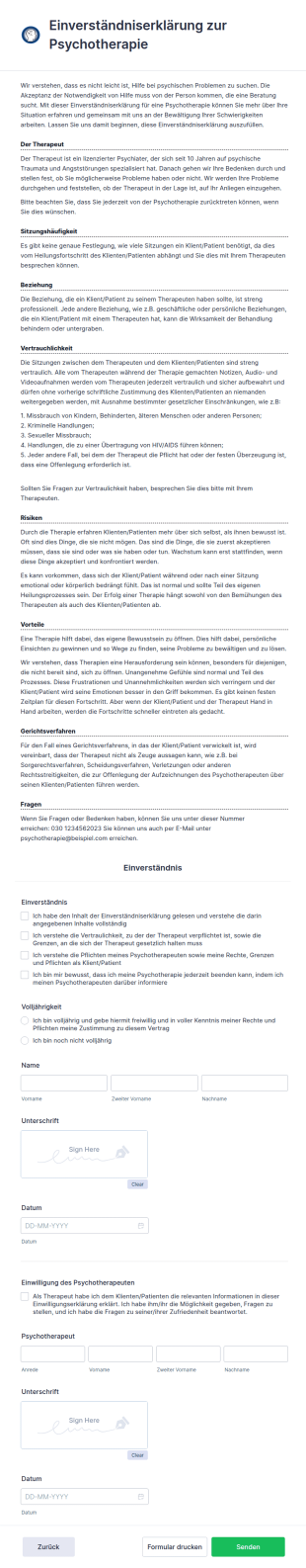 Einverständniserklärung Zur Psychotherapie