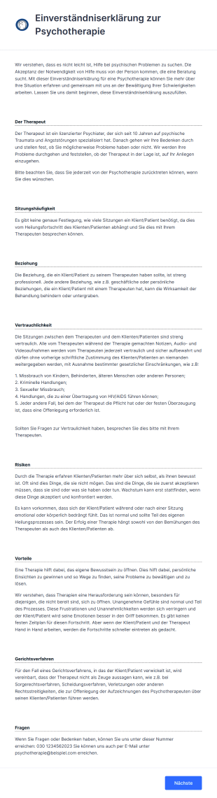 Einverständniserklärung Zur Psychotherapie Form Template