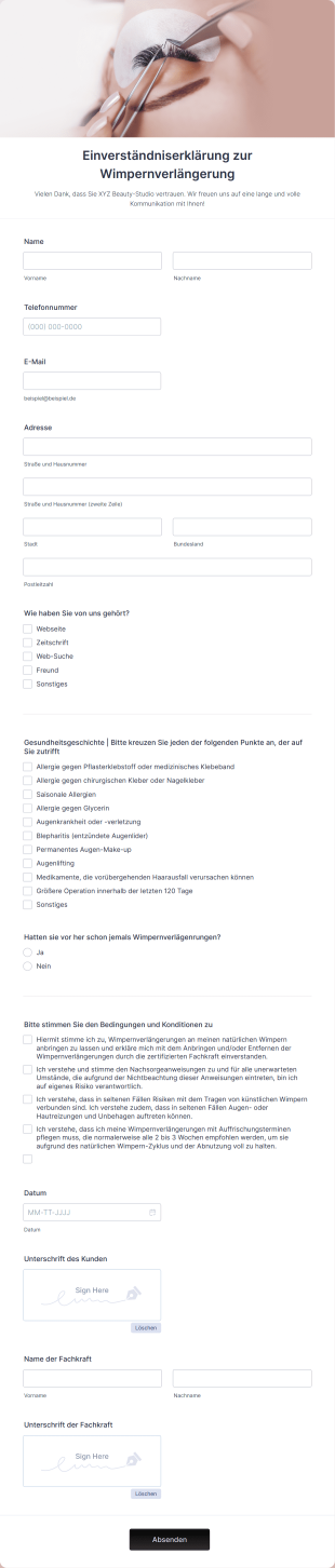 Einverständniserklärung Zur Wimpernverlängerung Form Template