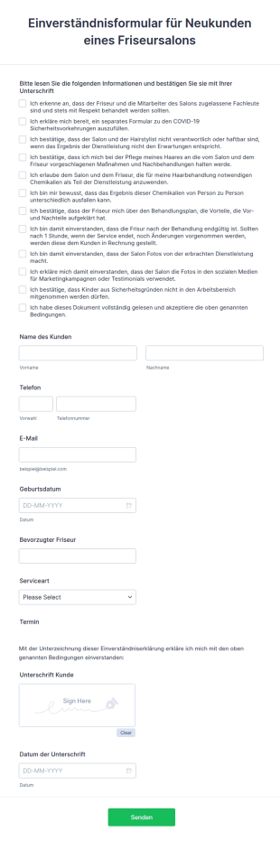Einverständnisformular Für Neukunden Eines Friseursalons