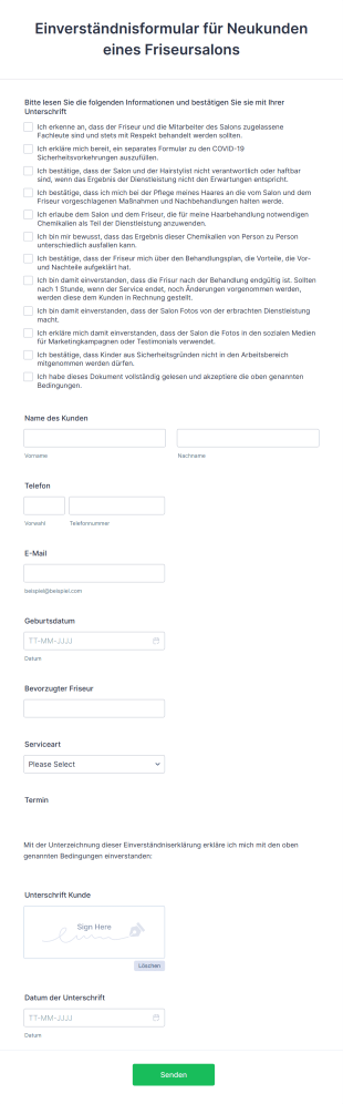Einverständnisformular Für Neukunden Eines Friseursalons Form Template