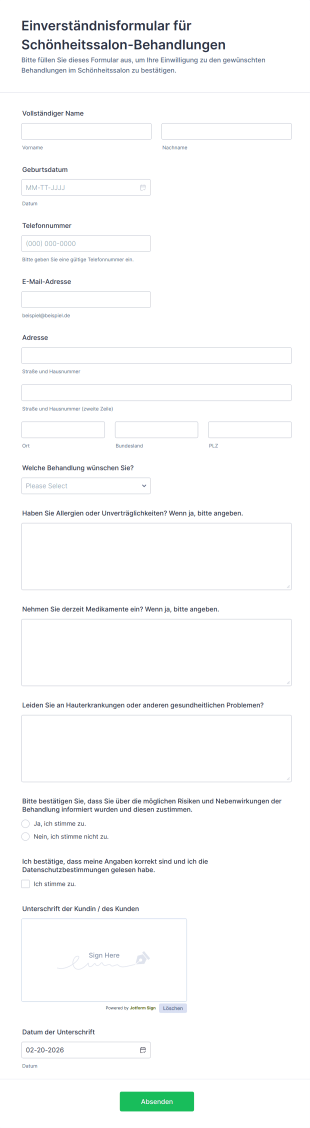 Einverständnisformular Für Schönheitssalon Behandlungen