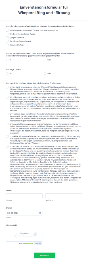 Einverständnisformular Für Wimpernlifting Und Färbung