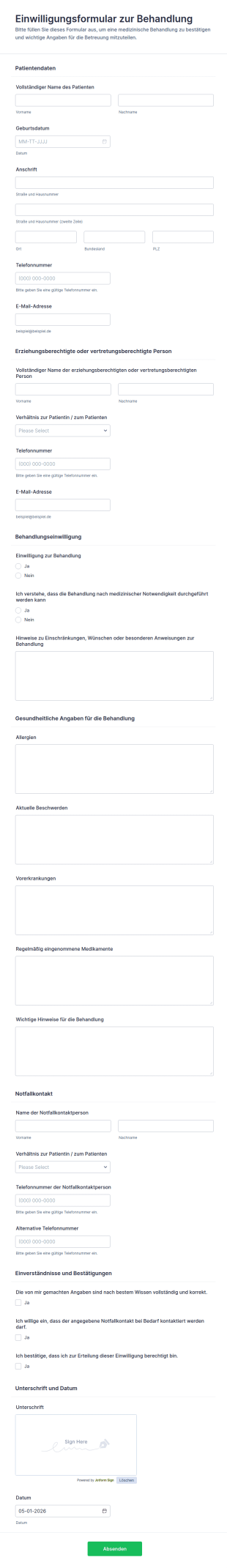 Einwilligung Zur Behandlung Formular