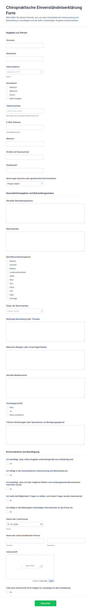 Einwilligung Zur Chiropraktischen Behandlung