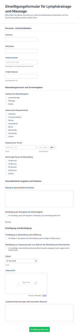 Einwilligung Zur Lymphdrainage Und Massagebehandlung