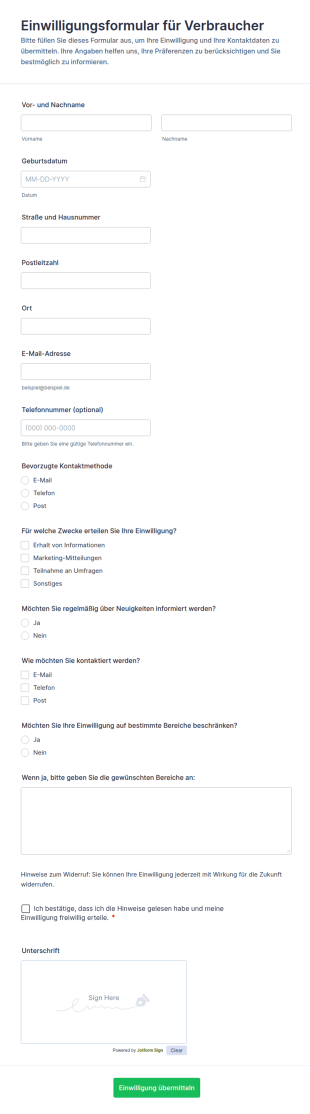 Einwilligung Zur Nutzung Durch Verbraucher Formular