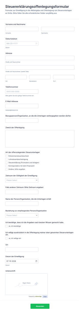 Einwilligung Zur Offenlegung Der Steuererklärung Form