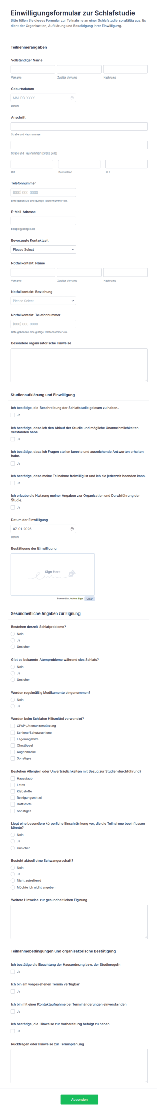 Einwilligung Zur Schlafstudie Waiver