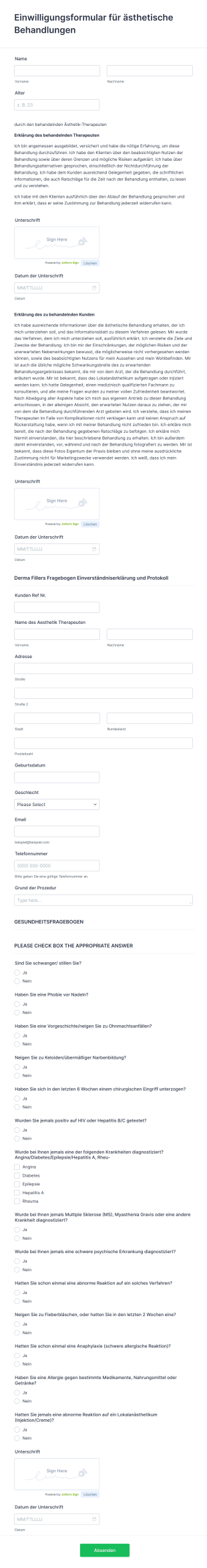 Einwilligungsformular Für ästhetische Behandlungen