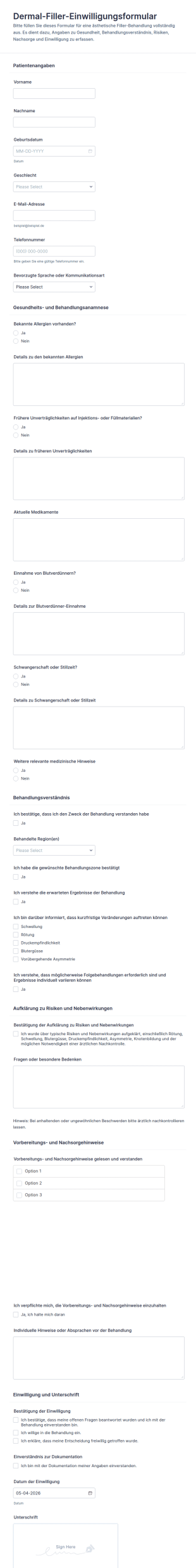 Einwilligungsformular Für Dermale Filler