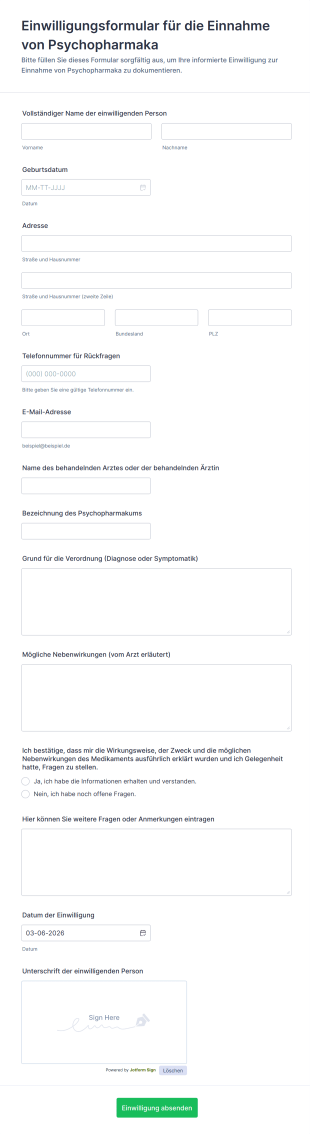 Einwilligungsformular Für Die Einnahme Von Psychopharmaka