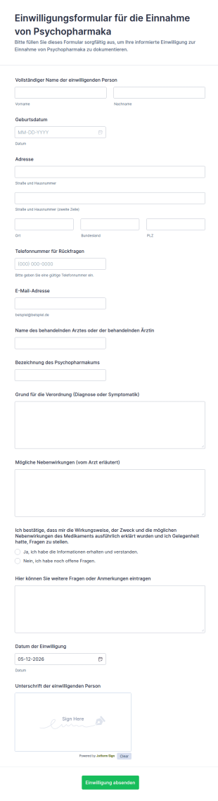 Einwilligungsformular Für Die Einnahme Von Psychopharmaka