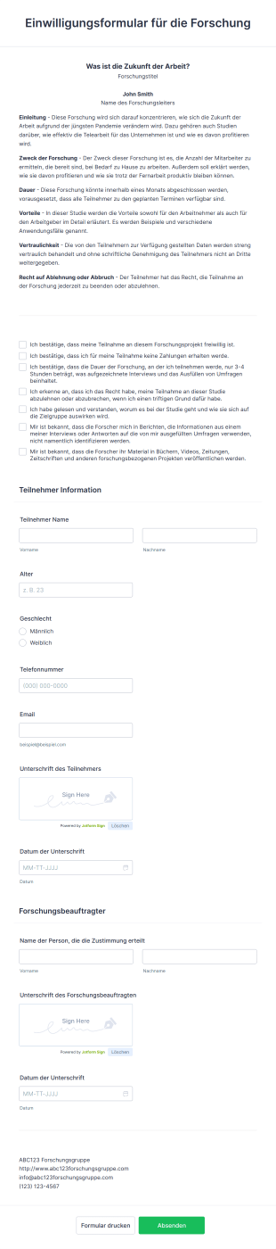 Einwilligungsformular Für Die Forschung
