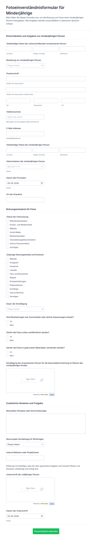 Einwilligungsformular Für Die Fotoaufnahme Bei Minderjährigen