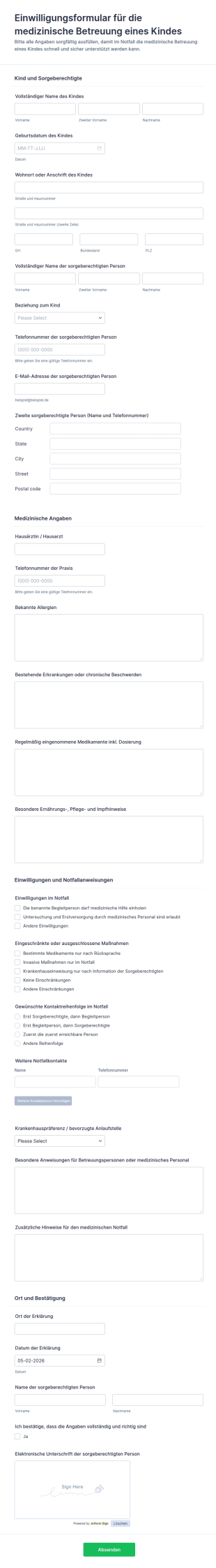 Einwilligungsformular Für Die Medizinische Versorgung Von Kindern