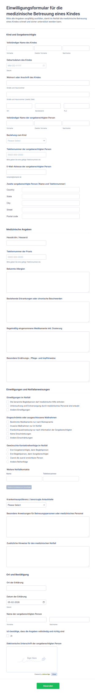 Einwilligungsformular Für Die Medizinische Versorgung Von Kindern