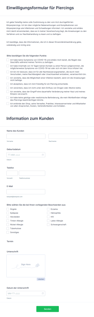 Einwilligungsformular Für Körperpiercings