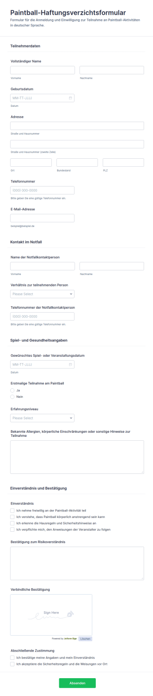 Einwilligungsformular Für Paintballaktivitäten