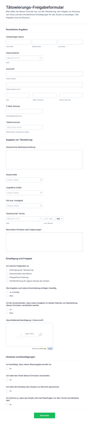 Einwilligungsformular Für Tätowierungen
