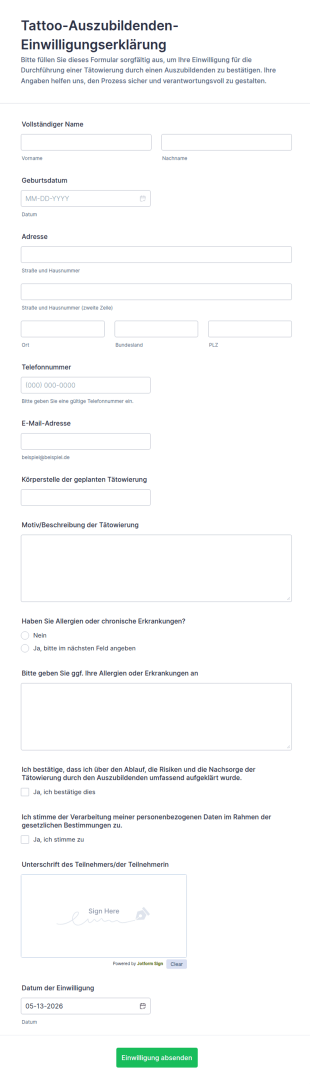 Einwilligungsformular Für Tätowierungslehrlinge