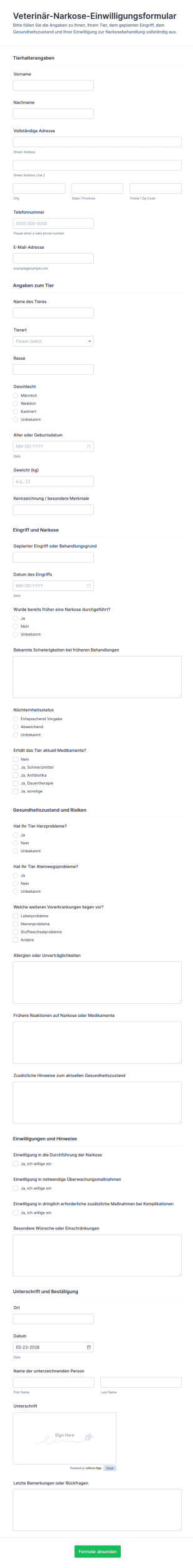 Einwilligungsformular Für Tieranästhesie