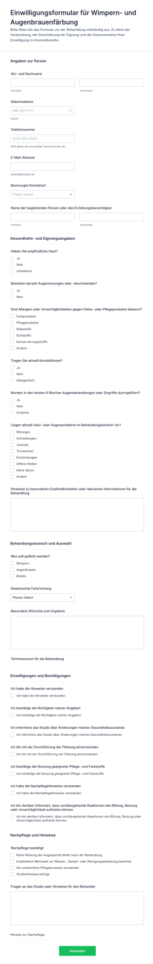 Einwilligungsformular Für Wimpern Und Augenbrauen Tönung