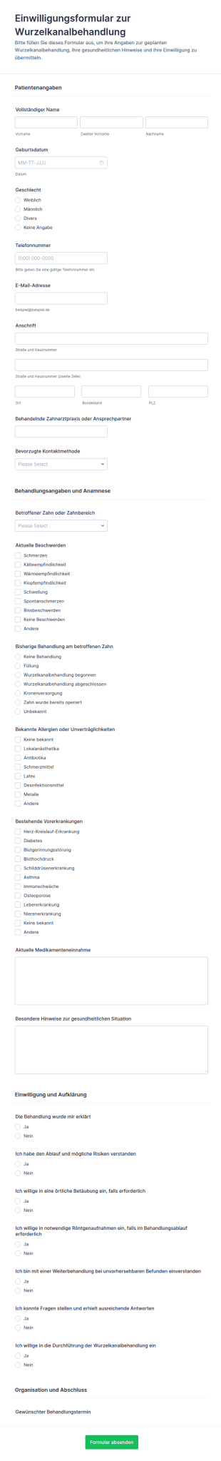 Einwilligungsformular Für Wurzelkanalbehandlung