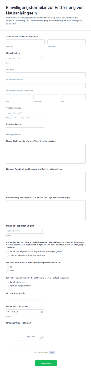 Einwilligungsformular Zur Entfernung Von Hautanhängseln