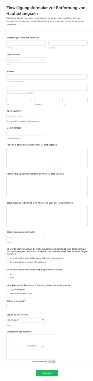 Einwilligungsformular Zur Entfernung Von Hautanhängseln