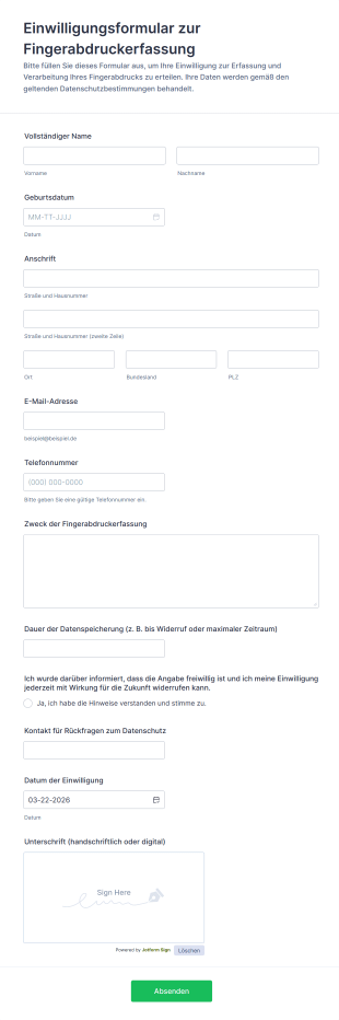 Einwilligungsformular Zur Fingerabdruckerfassung