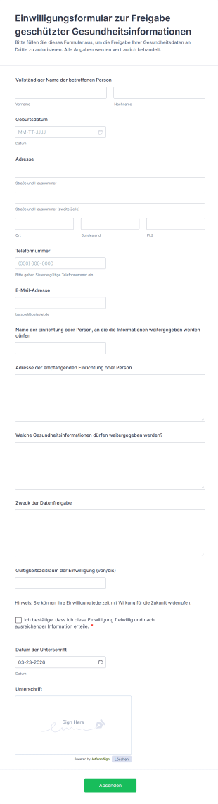 Einwilligungsformular Zur Freigabe Geschützter Gesundheitsinformationen