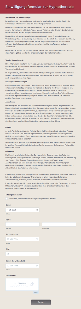 Einwilligungsformular Zur Hypnotherapie