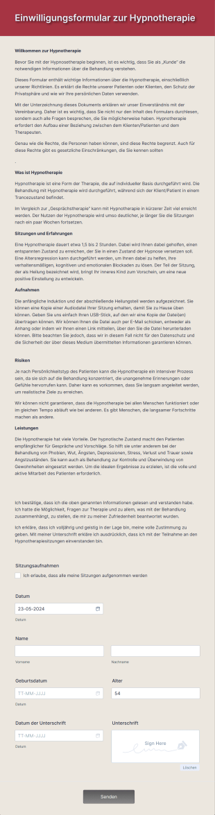 Einwilligungsformular Zur Hypnotherapie