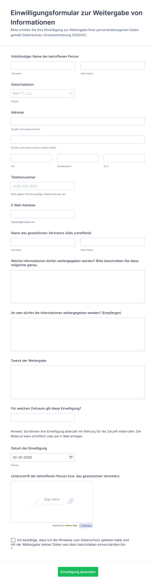 Einwilligungsformular Zur Weitergabe Von Informationen