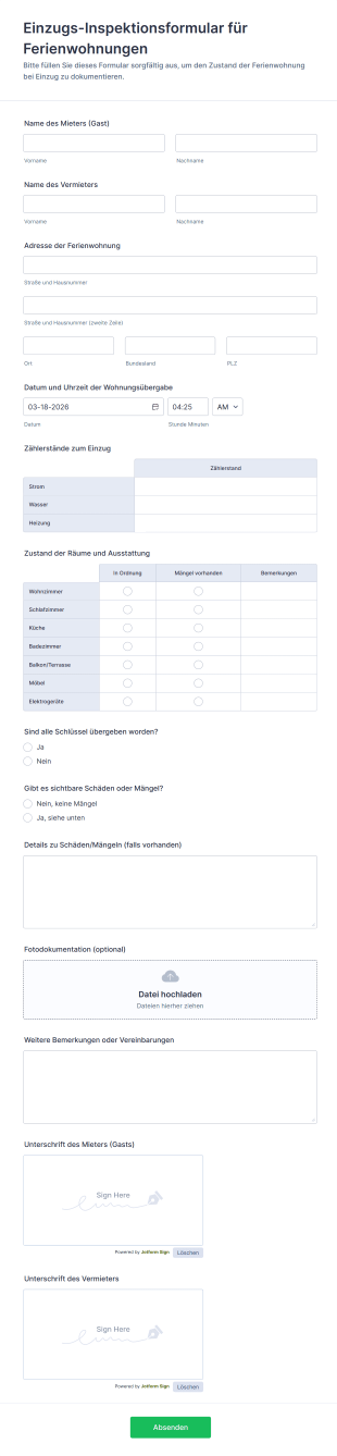 Einzugs Inspektionsformular Für Ferienwohnungen
