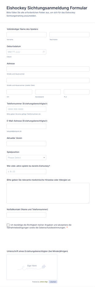 Eishockey Sichtungsanmeldung Formular