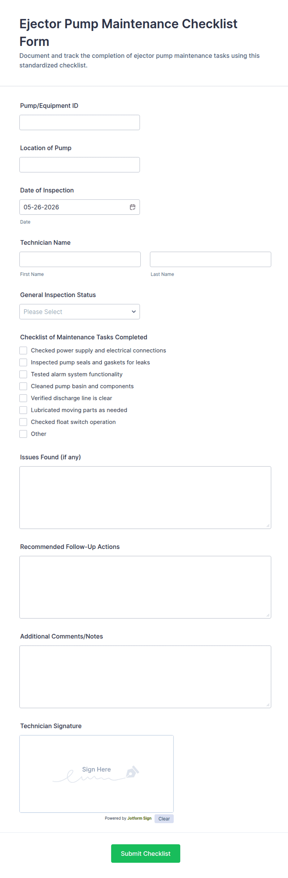 Ejector Pump Maintenance Checklist Form Template | Jotform