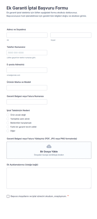 Ek Garanti İptal Başvuru Form Şablonu