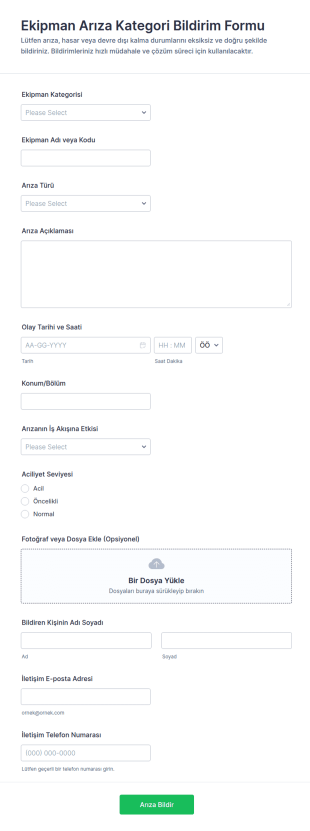 Ekipman Arıza Bildirim Form Şablonu