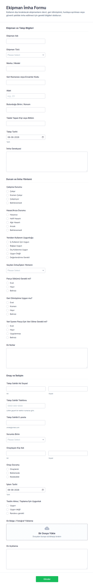 Ekipman Atıklarının İmhası Form Şablonu