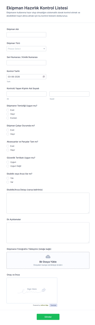 Ekipman Hazırlık Kontrol Listesi Form Şablonu